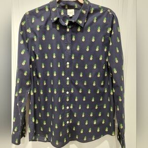 J. Crew Navy Button-Up Shirt with Green & Yellow Pineapple Print #0598